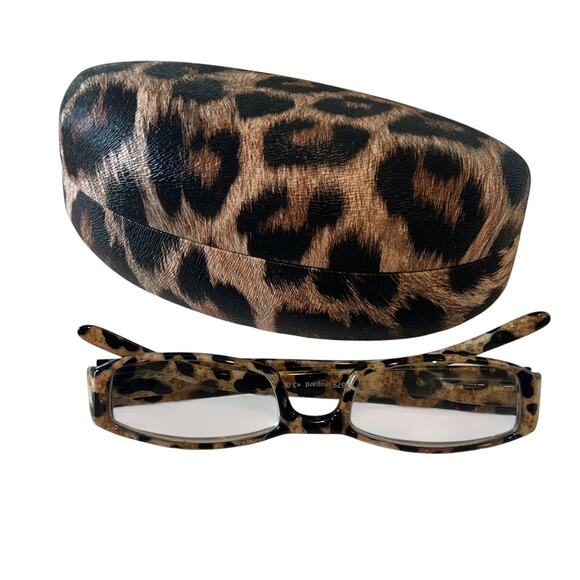 KJL by Kenneth Jay Lane Reading Glasses +3 Leopard Print Frame Joan Rivers Case - Picture 3 of 6